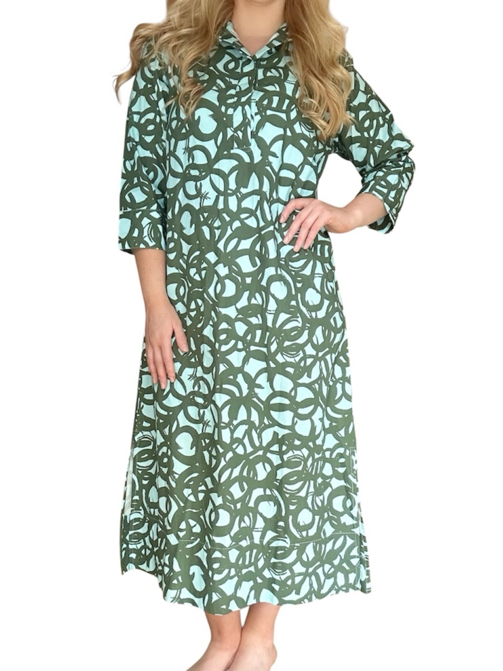 Holly Shae Grace Maxi Dress Women’s XS/M Blue Green Brush Stroke Cotton Preppy